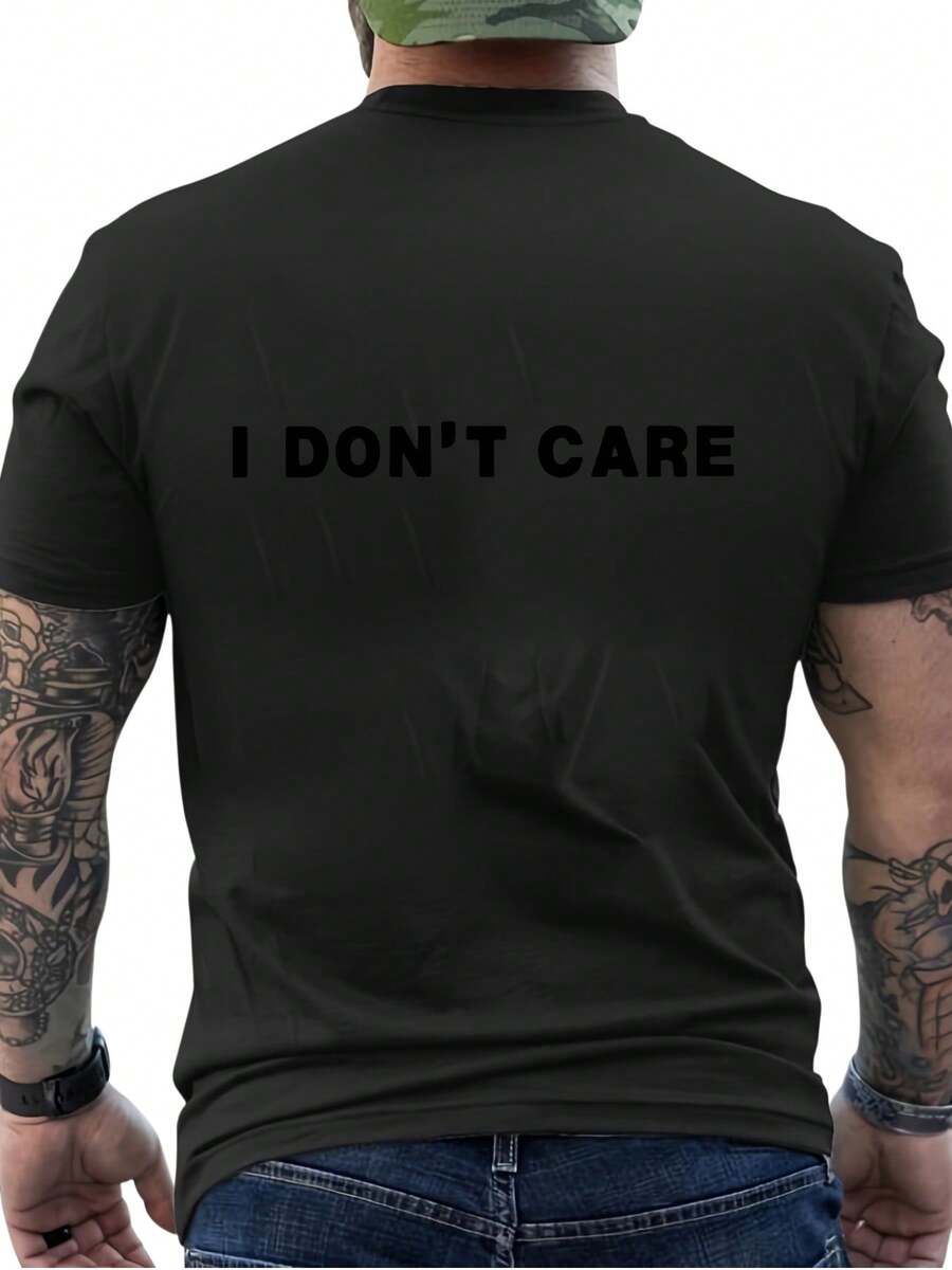 New Casual Printed T-Shirt % Cotton - Men's T-Shirt With I Don'Care Print - Bold And Eye-Catching Vintage Style, With Unique Slogan Print, Breathable And Moisture-Wicking, % Polyester, Crew Neck And Short Sleeves, Suitable For Summer Sports, Style-Hop And Everyday Casual Wear - Unisex. - 黑色 - 查看 1