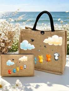 5 Different Colors Cat Pattern Canvas Bags, Perfect For Supermarket Shopping And Travel. Simple And Fashionable, Made Of Linen Material, Very Suitable For School Or Outdoor Travel. Large Capacity, Portable, Suitable For Women, College Students And Office Workers. Great Gift For Valentine's Day, Christmas, New Year, Anniversary, Birthday And Other Occasions. - Multicolor - View 12