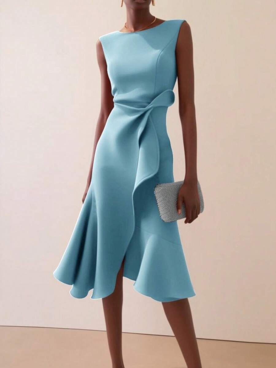 Vestido fiesta cuello redondo color vibrante muy demandado - Azul - Ver 1