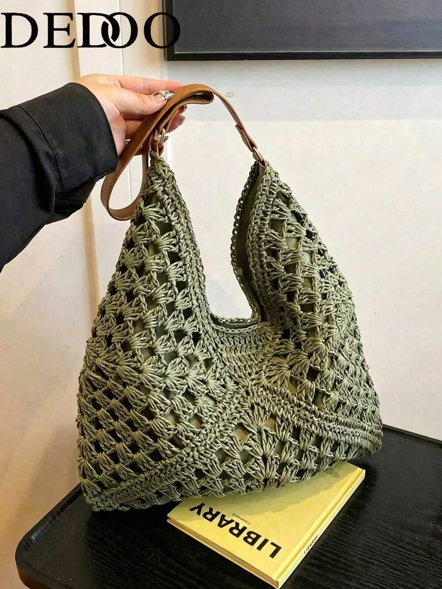 Dedoo 手工編織奶奶格紋對比色大容量托特包，沙灘包，適合夏季、度假和日常使用，旅行必備，女士夏季草編沙灘包，最熱門的女士沙灘包，沙灘必備，沙灘使用