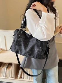 2026新款女款肩背包，小眾設計，大容量，通勤休閒百搭極簡時尚斜挎包，PU材質仿牛仔效果，純色設計，舒適面料，拉鍊開合手提包，可拆卸長肩帶，舒適手提，多個拉鍊口袋，側邊內袋，大空間容量，秋季線上托特包，附吊飾 - 黑色 - 查看 5