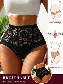 1pc Women's Solid Color High Waist Lace Patchwork Body Shaping Bottoms - Black - View 3