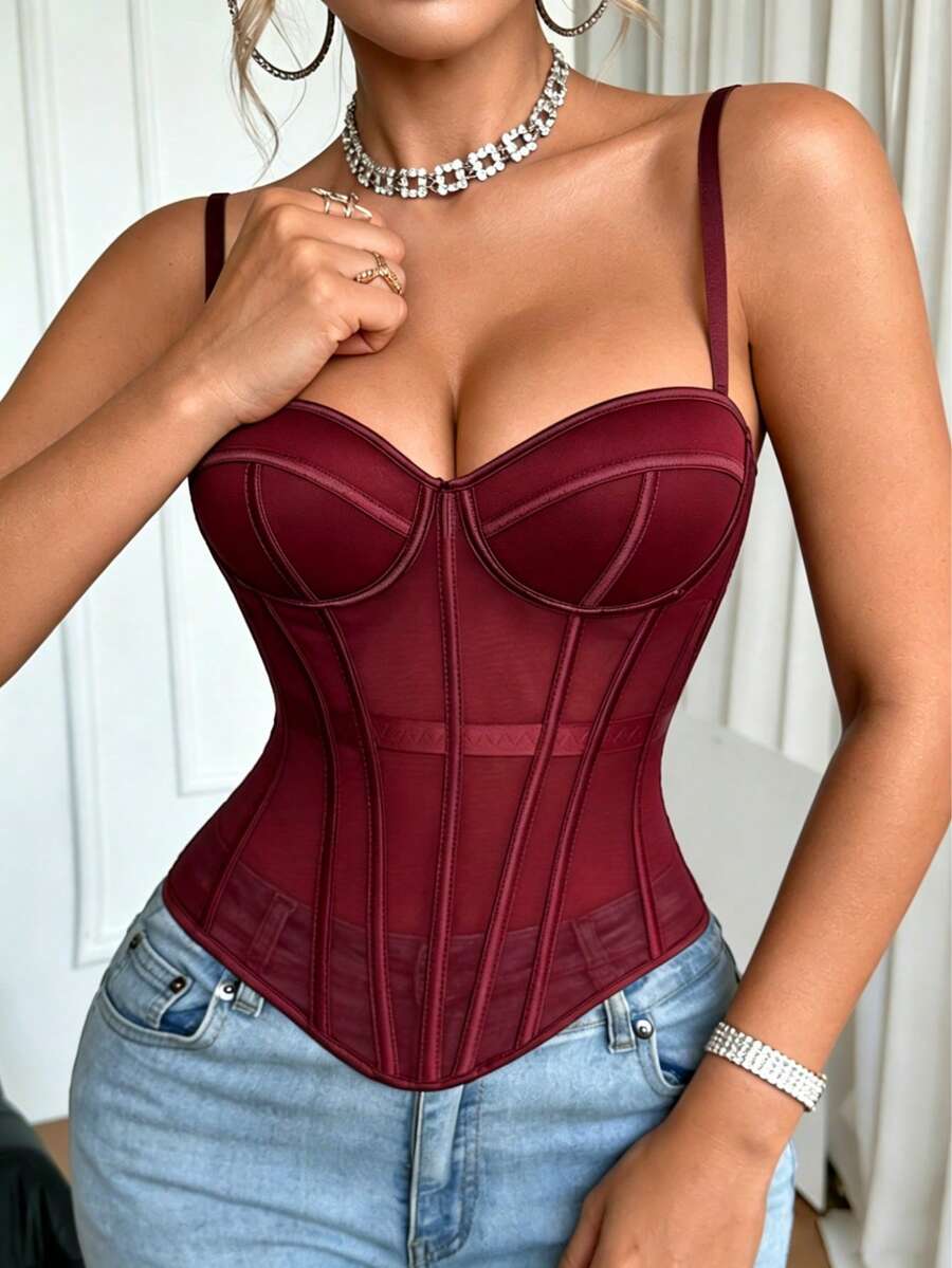 1 قطعة كورسيه شبكي بتصميم عظم السمكة، كاميسول شفاف مثير لتشكيل الجسم، بدون ظهر، ضيق، بحمالات سباغيتي وبتصميم عظم السمكة - عنابي اللون - مشاهدة 1