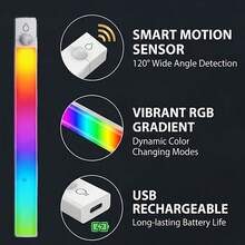 1pc RGB Motion Sensor LED Light Strip, Magnetic Rechargeable Under Cabinet Light, Wireless Adhesive Dimmable Night Light, USB Charging, Suitable For RV Interior Lighting, Camping Car, Trailer, Motorhome, Van, Closet, Kitchen, Shelf - RGB - View 9