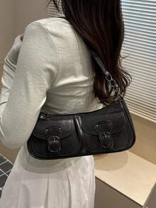 Korean Style Crocodile Embossed Handbag For Women, New Fashion Shoulder Bag, Minimalist Crescent Moon Tote Bag For Women, For Going To Work, Green - 米色 - 查看 5