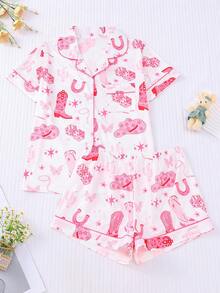 2 piezas Conjunto de pijama para mujer, estilo de mezclilla con estampado de estrellas, top de manga corta con cuello y shorts casuales, adecuado para el hogar, vacaciones, primavera/verano - Rosa - Ver 7