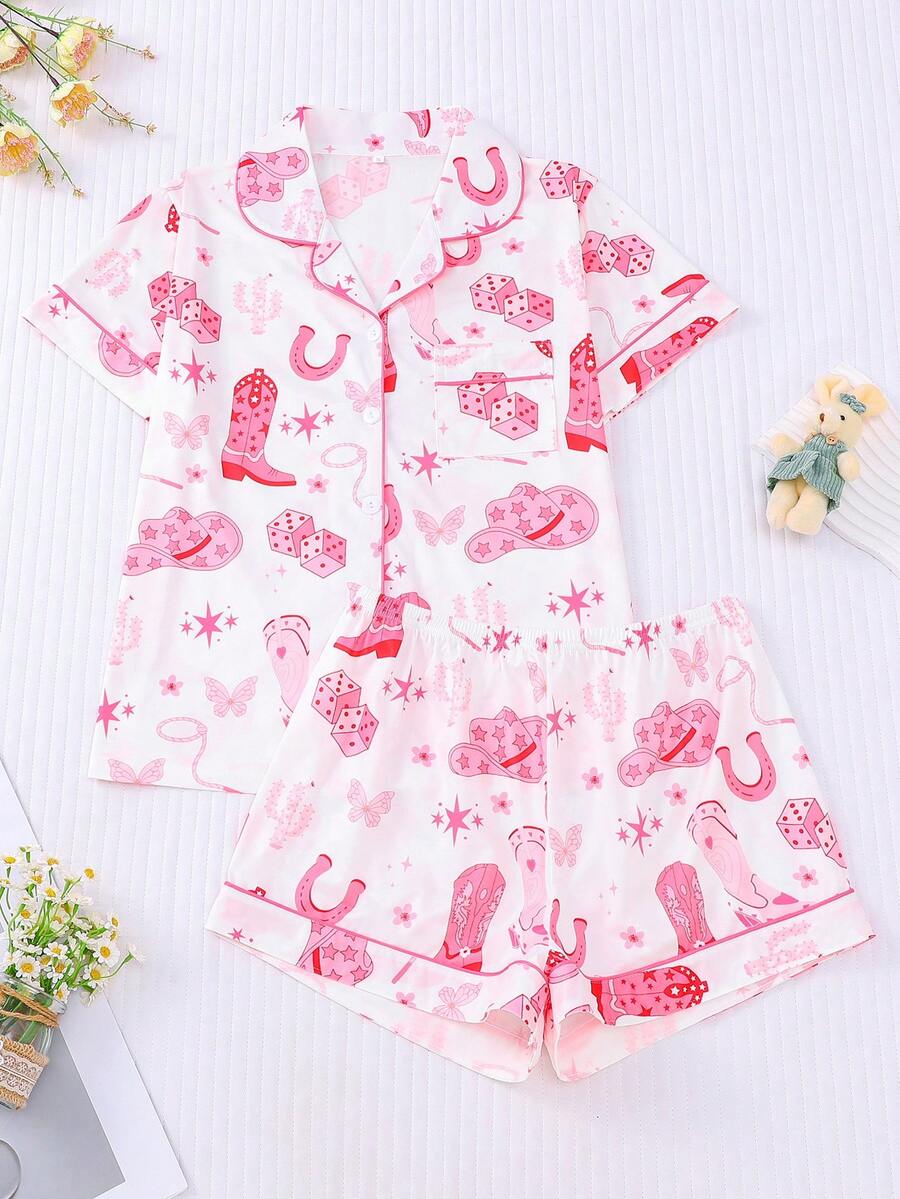 2pcs Women's Pajama Set, Western Pattern Print, Women's Loungewear, Spring/Summer Holiday Outfit, Short Sleeve Lapel Top And Shorts Set Suitable For Outdoor Wear - Pink - View 1