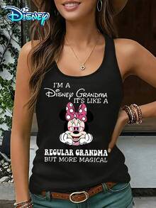 Disney Official Authorization | Women's Casual Round Neck Sleeveless Vest. With Minnie As The Theme, Paired With Fun Slogans And The Setting Of "Disney Grandma", It Is Warm And Full Of Personality. It Is An Atmospheric Item For Family Travel And An Ideal Choice For Creating A Parent-Child Commemorative Look. - Black - View 1