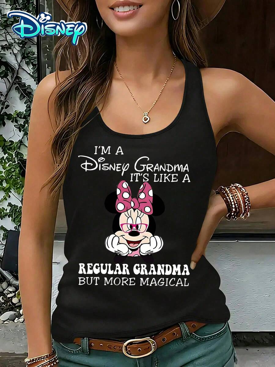 Disney Official Authorization | Women's Casual Round Neck Sleeveless Vest. With Minnie As The Theme, Paired With Fun Slogans And The Setting Of "Disney Grandma", It Is Warm And Full Of Personality. It Is An Atmospheric Item For Family Travel And An Ideal Choice For Creating A Parent-Child Commemorative Look. - Black - View 1