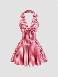 Vestido mini plisado línea A: lazo cintura, halter sin mangas, espalda abierta – Estampado floral rojo/blanco, estilo retro francés - Burdeos - Ver 8