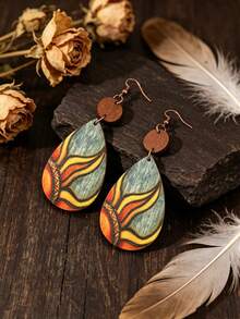 1 Pair Teardrop Shaped Vintage Painted Floral Wooden Niche Elegant Earrings - Multicolor - View 5