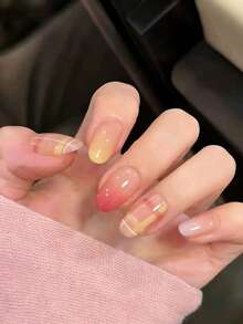 10Pcs Handmade Medium Oval Press On Nails, Sheer Peach Gradient Nails, Hand Painted Plaid Pattern, Elegant Daily Nails - Multicolor - View 2