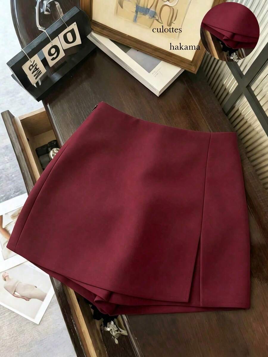 Women's High-Waisted Shorts/Skirt/Culottes Made Of Soft, Textured Fabric With A Slit, Versatile For Work Or Casual Wear, In Grey, For Spring/ - 酒紅色 - 查看 1