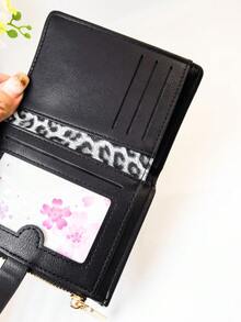 Classic Fashion Leopard Print Patchwork Short Wallet, Compact And Lightweight PU Wallet With Card Slots And Snap Closure - Black - View 7