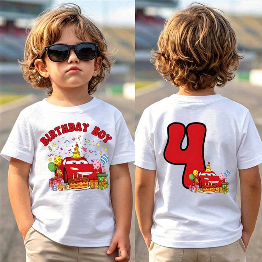 Disney Cars Lightning McQueen 4th Birthday Boy T-Shirt Kids 2-14Y Unisex Short Sleeve Tee With Front & Back Print Express Delivery - White - View 1