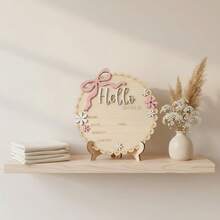 1pc Hello World Wooden Baby Birth Announcement Sign With Pink Bow, Newborn Sign For Hospital, Cloud Shape Floral Newborn Name Date Time Weight Length Board, Baby Girl Nursery Photo Prop Baby Girl Nursery Decor Photo Prop Keepsake - Small Lace - View 5