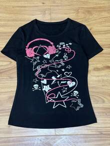 100% Cotton. Casual Short-Sleeved Printed T-Shirt. 1pac Women's Loose-Fitting American Style T-Shirt, Short-Sleeved, Street, Retro-Futuristic, Women's Casual Wear. Spring/Summer Top. - Black - View 1