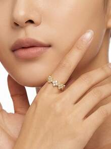 1pc 18K Gold Plated Copper Fully Paved Clover Adjustable Open Ring, Suitable For Holidays, Valentine's Day, Mother's Day Gifts, Daily Wear, Wedding - Gold - View 3