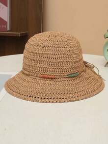 1 pieza Sombrero de paja tejido hueco de ala ancha de unicolor para mujer, primavera verano otoño, moda europea & americana vintage elegante sombrero de cubo de paja, versátil para uso casual al aire libre viajes vacaciones - A - Ver 12