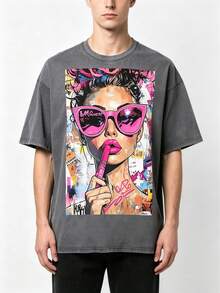 Vintage Pop‑Street‑Style Cool‑Woman‑Portrait Collage‑Graffiti Creative Graphic Printed 230GSM High‑Quality 100% Cotton Loose T‑Shirt, Unisex Casual Daily Top, Perfect For Summer Activities, Back To School, Holiday Gifts, Core Graphic Tees Men, Mens Clothes - Xám - Xem 5