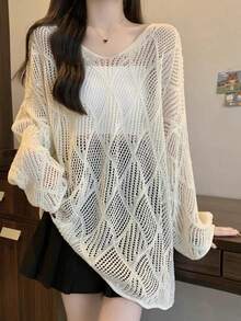 Women's V-Neck Hollow Rhombus Design Loose Knit Cover Up, Airy And Breathable For Beach/Resort Wear, Spring/Summer Vacation - Màu be - Xem 5