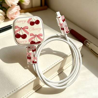 Manchon de protection transparent avec nœud cerise pomme pour câble de données et chargeur, compatible avec le chargeur Apple 20W, étui de protection anti-casse et anti-rayures