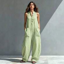 Summer New Loose Casual Striped Printed Sleeveless Women's Jumpsuit - Light Green - View 2