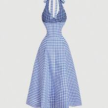 MOD Vestido midi casual de mujer con estampado de cuadros y espalda descubierta, para verano - Azul y blanco - Ver 5