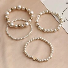 Set de 4 piezas, pulsera con dijes en forma de corazón y perla, color rosa y blanco, accesorio diario para niñas - Unitalla - Ver 9
