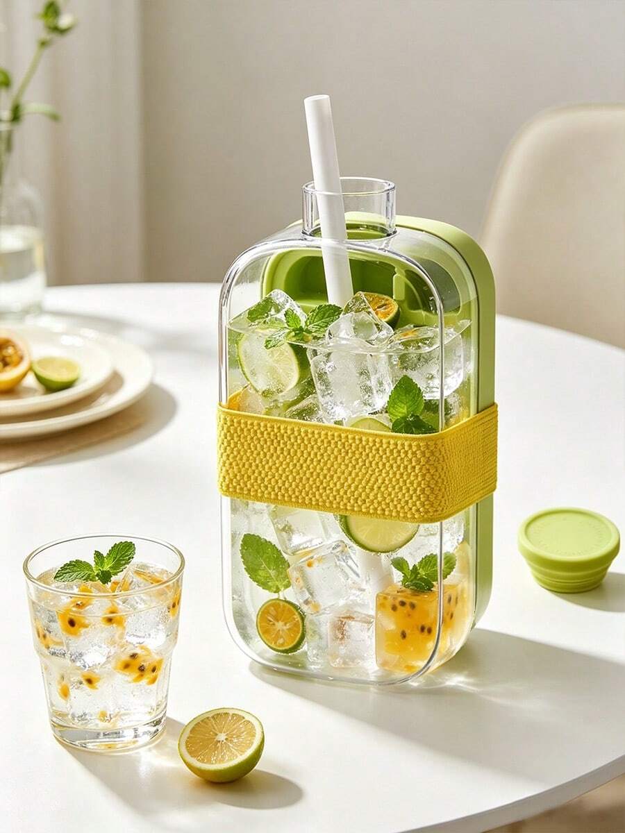 800ml Ice Cube Water Bottle 2-In-1 Portable Ice Maker & Bottle Leak-Proof Aesthetic Design With Ice Mold Press For Travel Gym Office Modern Kitchenware Detachable Lid & Built-In Straw