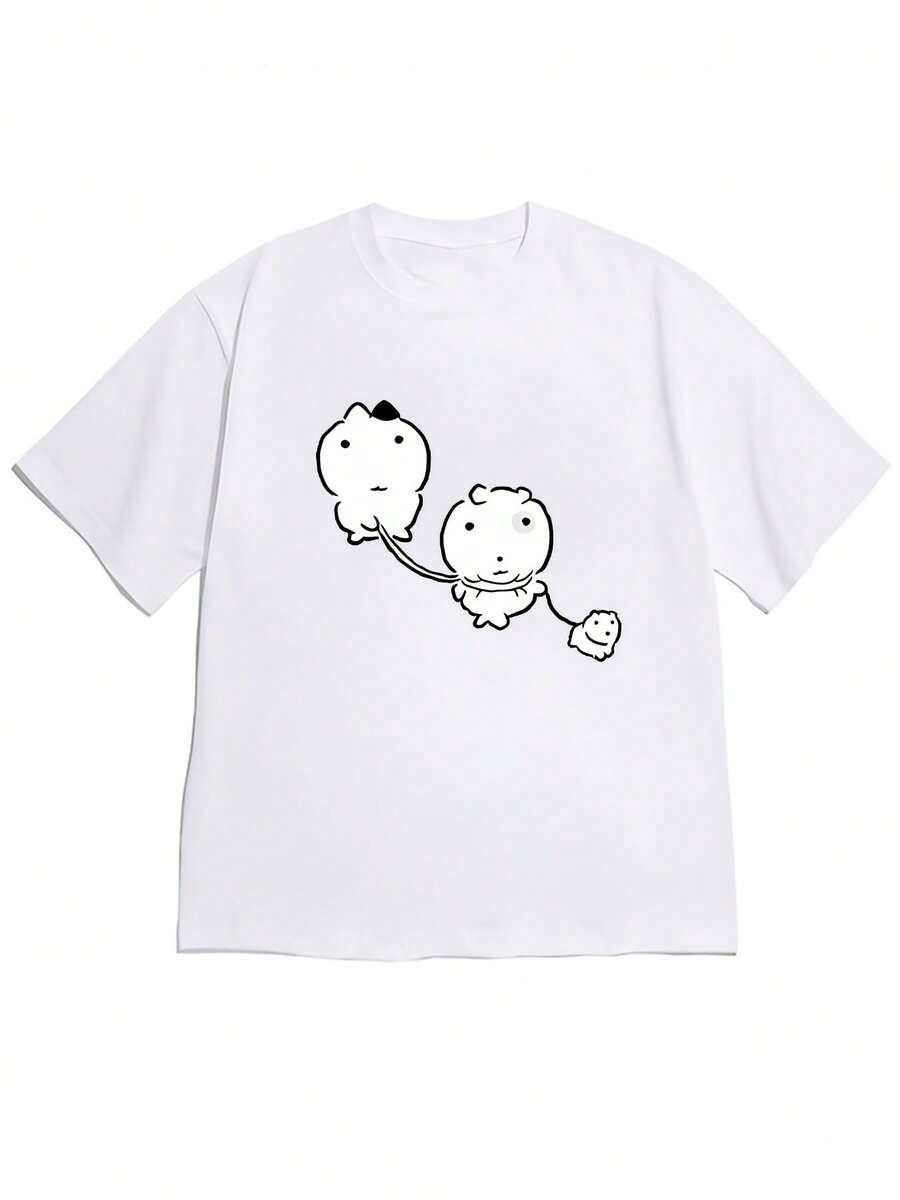 Cute Summer Top In Y2K Style. 1pac. Cute Summer Top In Y2K Style. 100% Cotton Short-Sleeved T-Shirt With A "Black-Eyed Cat" Design, Loose Fit And Dropped Shoulders, Featuring A Playful And Original "Connected Figurines Hand In Hand" Print. Fun And Comfortable, Skin-Friendly Style, Ideal For Those Who Prefer A Soft And Cute Style. Perfect For Casual Wear. - 白色 - 查看 1