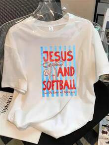 Camiseta de manga corta y cuello redondo para mujer con estampado de Jesús y símbolos sociales, apta para todas las estaciones. - Blanco - Ver 1