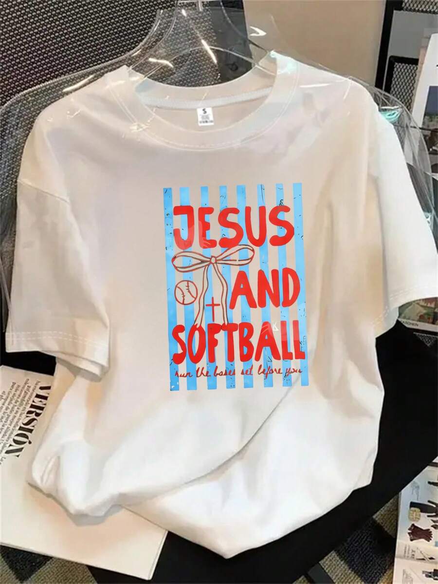 Camiseta de manga corta y cuello redondo para mujer con estampado de Jesús y símbolos sociales, apta para todas las estaciones. - Blanco - Ver 1
