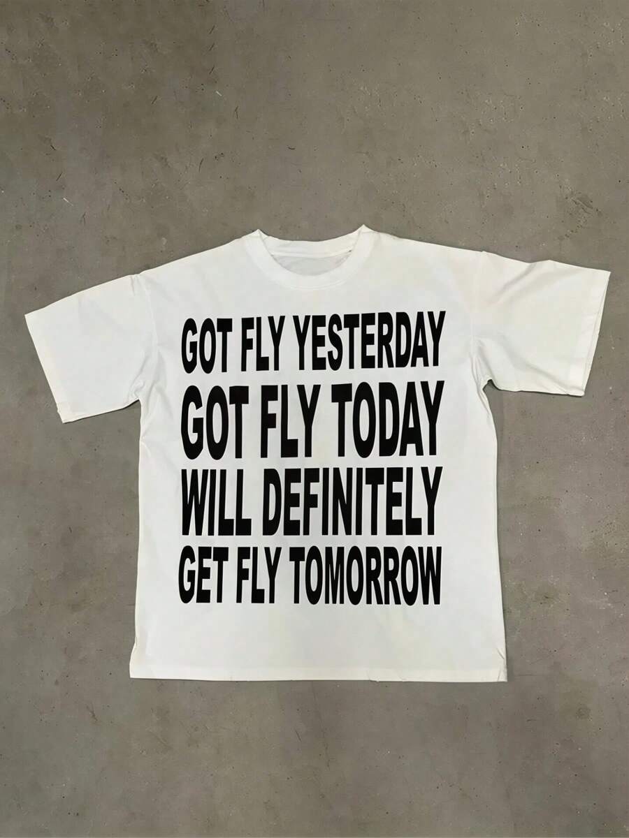 Men's "Got Fly Yesterday Today Tomorrow" Bold Text Print Design, Streetwear-Style Loose-Fit, Crew Neck, Short Sleeves, Durable Fabric, Breathable And Sweat-Wicking, Suitable Daily Wear In Summer, Washable, Suitable All Seasons, Fast Delivery, Soft Cotton Comfort, Enjoy Special Discounts, Ideal Father's Day Gift, 4th Of July, Unisex Etc. - 白色 - 查看 1