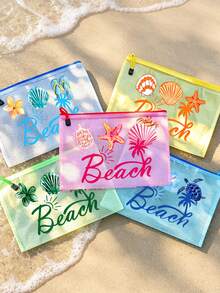 時尚防水PVC沙灘包，印有「Beach」與彩色字母，A4尺寸，透明化妝包，尼龍拉鍊，春夏防曬收納，適合游泳、沙灘、潛水與夏季度假，學生開學季，送給朋友、家人、閨蜜、同學的禮物。生日、節日、派對、婚禮（伴娘）、教師節的完美禮物與紀念品。郵輪必備，畢業、暑假、開學季禮物 - 彩色 - 查看 9