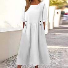 2026 Summer Short-Sleeve Cotton-Linen Dress New Round Neck Loose Mid-Length Plus Size Dress - Grey - View 4