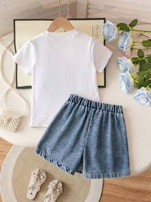 Girls Denim Shorts Set, Denim Beaded Bow Decor Simple Round Neck Short Sleeve T-Shirt, Denim Beaded Shorts With Patchwork Skirt Hem, Casual Young Girls Outfit - White - View 2