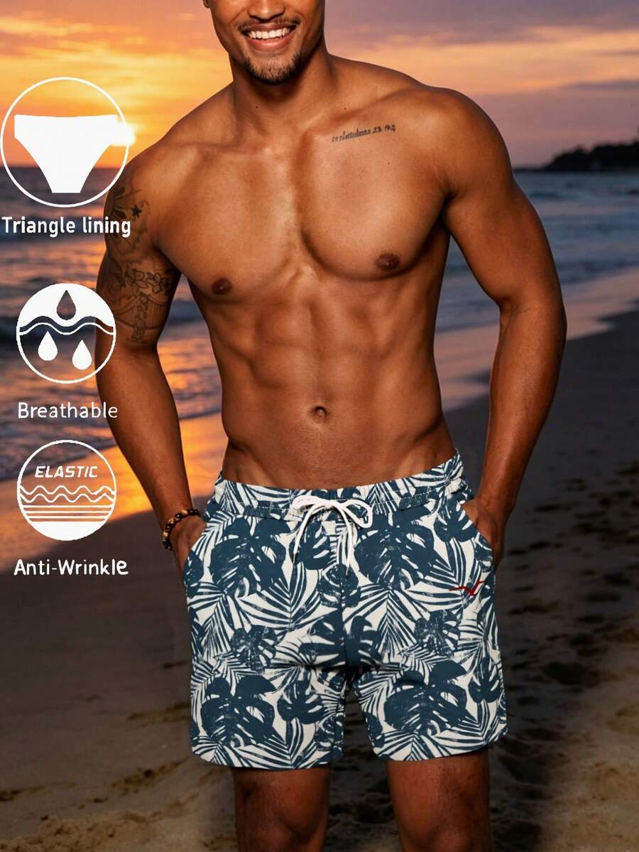 Pantalones cortos de surf de playa de verano para hombre con estampado de palmeras, bañador con cintura ajustable
