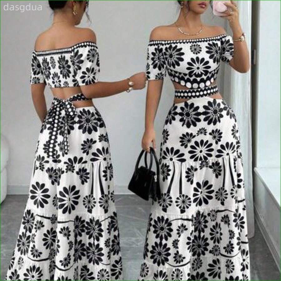 . . Vestido de moda con estampado floral, hombros descubiertos, manga corta y cintura hueca - Blanco y Negro01 - Ver 1