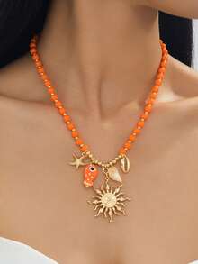 1 pièce Collier pendentif à la mode style plage d'été avec perles, coquillages, paysage marin et poisson. Accessoire élégant pour femmes, convient pour les fêtes, les voyages, les mariages, les vacances à la plage, le port quotidien, cadeau de bijoux - collier - Voir 1