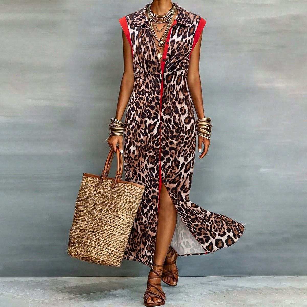 Women's Leopard Print Long Shirt Dress, Sleeveless Button Front With Red Trim, Casual Summer Vacation Outfit (JH26405) Elegant