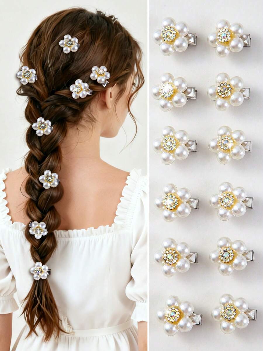 10pcs/Set Girls Pearl Flower Hair Clips With Rhinestones, Cute Princess Hair Accessories Bangs Clips Side Hairpins - Multicolor - View 1