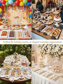 Bộ đồ dùng tiệc tráng miệng màu trắng, bao gồm giá đựng bánh cupcake, giá đựng bánh 3 tầng, khay đựng bánh cupcake, khay bánh quy, khay hình chữ nhật, đĩa tráng miệng kiểu trà chiều châu Âu, bộ đồ dùng tiệc bằng nhựa tái sử dụng, thích hợp cho đám cưới, sinh nhật, tiệc trà, v.v. - Nhiều màu - Xem 7