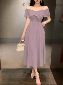 xheDAZY Vestido rojo de encaje con cuello en V sin mangas, bajo con volantes y longitud media para mujer, adecuado para citas nocturnas, Día de San Valentín y vestido de gala del Año Nuevo Chino, elegante vestido de solxhe - Morado - Ver 1