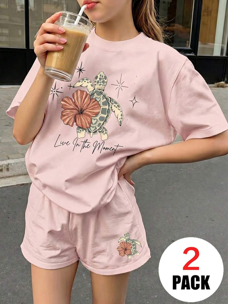 2件組青少年女孩夏季創意海龜與花卉印花短袖T恤短褲套裝,可愛甜美海灘度假風,舒適透氣高品質針織兒童日常/旅行穿搭,奶油米色 - 粉色 - 查看 1