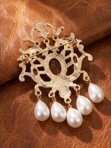 1pc Retro Palace Style Rhinestone Tassel Pearl Brooch, Elegant Women's Daily Wear Clothing Accessory - Yellow - View 9