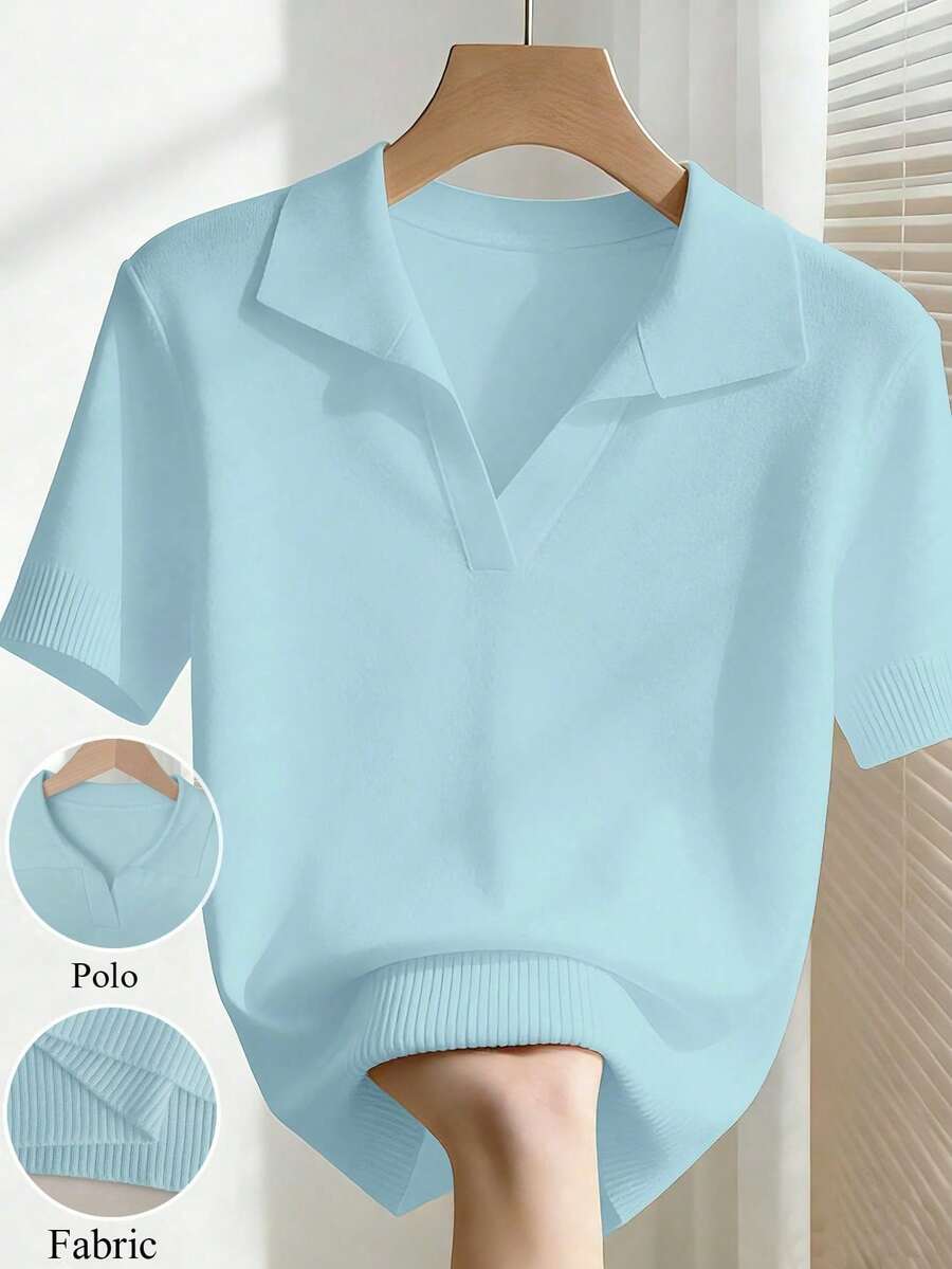 2026 Nuevo Blusa de punto ajustada de unicolor con cuello vuelto, manga corta raglán para mujer, primavera/verano - Azul - Ver 1