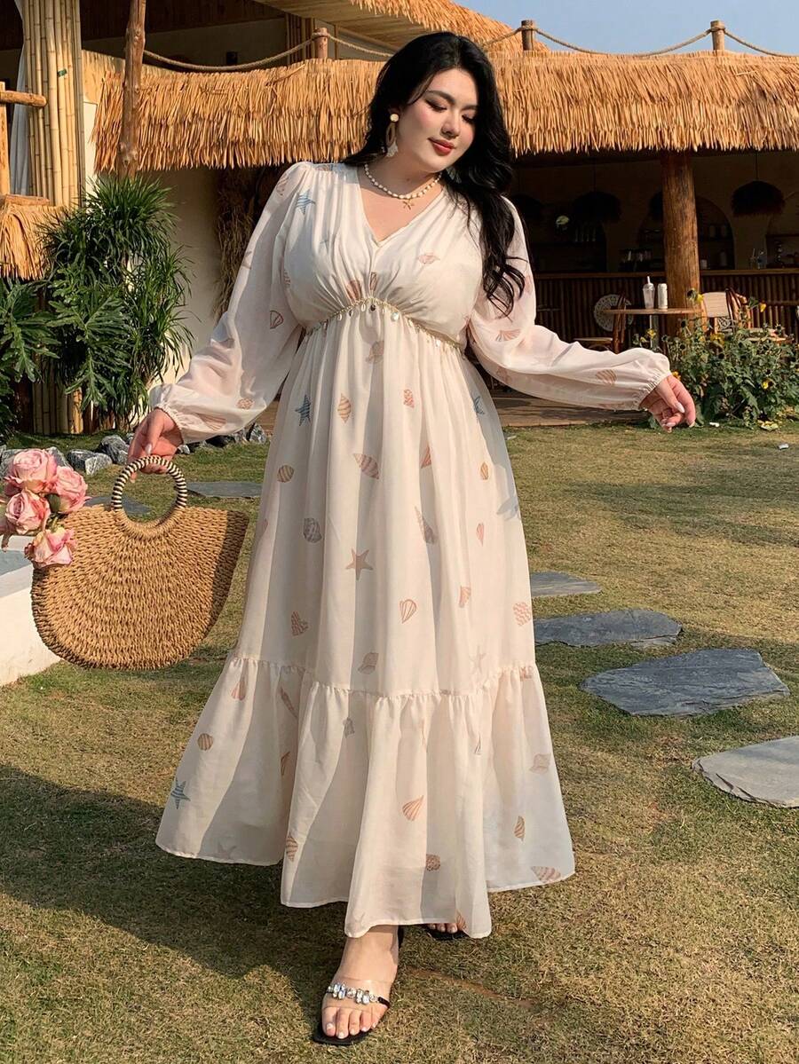 Plus Vestido de mujer de talla grande con estampado de dibujos animados, volantes en la cintura, estilo de vacaciones, vestido largo de verano/primavera, vestido bohemio - Albaricoque - Ver 1