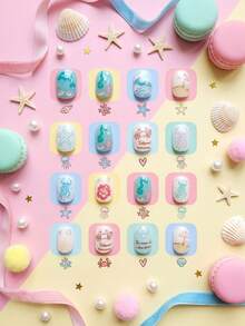 24pcs Spring/Summer Children's Press-On Fake Nail Stickers, Full Coverage Effect, Featuring Shiny And Cute Pattern Designs (Light Blue Starfish, Seahorse Coral, Crab, Wave Ripple, Beach Umbrella, Jellyfish) Elements, Suitable For Children's Pre-Glued Nail Stickers, Full Coverage Small Nail Tips, Perfect For Girls' Gifts, Birthday Parties And Makeup Decoration - Sky Cloud Theme - Summer Ocean Hand-Drawn Theme - Multicolor - View 2