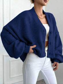 2025 Gaya Eropa dan Amerika Musim Semi/Gugur/Dingin, Sweater Rajut Lengan Pendek Longgar Serbaguna Baru, Kardigan Luar Ruangan untuk Wanita - Biru - View 4
